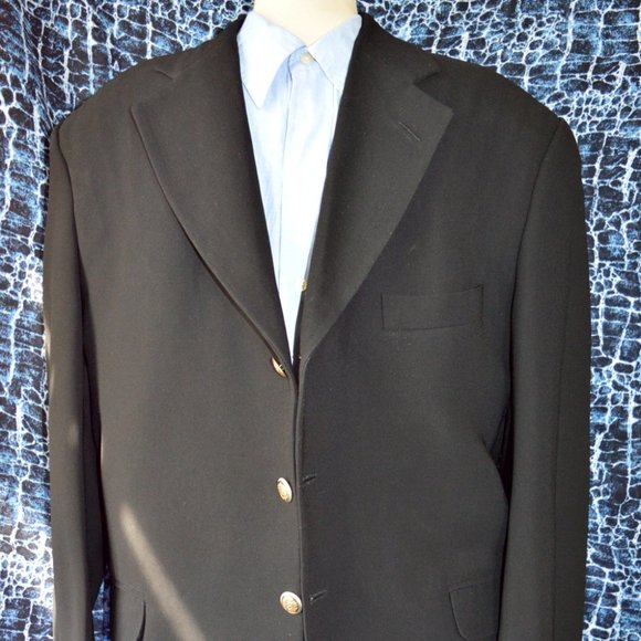 RALPH LAUREN  52R  BLACK  HEAVY WEIGHT GABARDINE  3 BUTTONS SILVER TONE - Picture 1 of 9